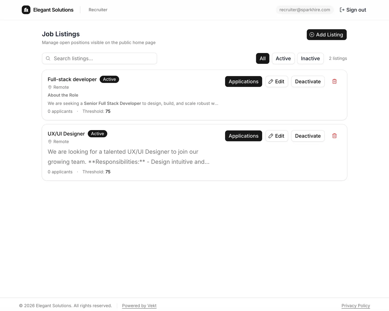 Recruiter dashboard